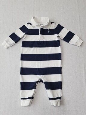 Polo Ralph Lauren Baby Rugby Romper 6M Navy White Stripe One Piece